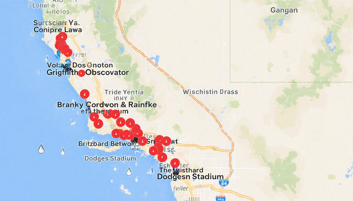 Map shows Los with red markers at rain sites such as Griffith Observatory and Dodger Stadium drops