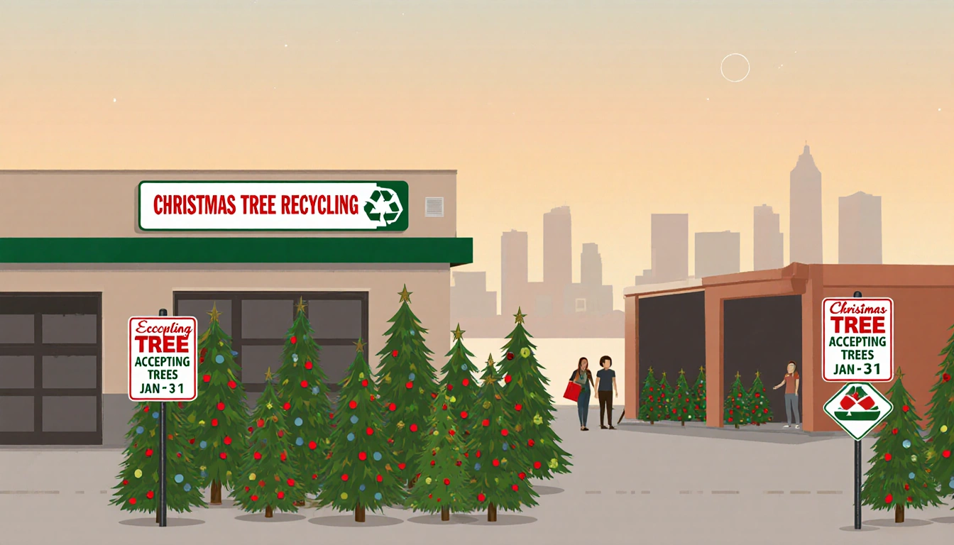 Recycling center welcomes Christmas trees with bold signs and Los Angeles skyline backdrop