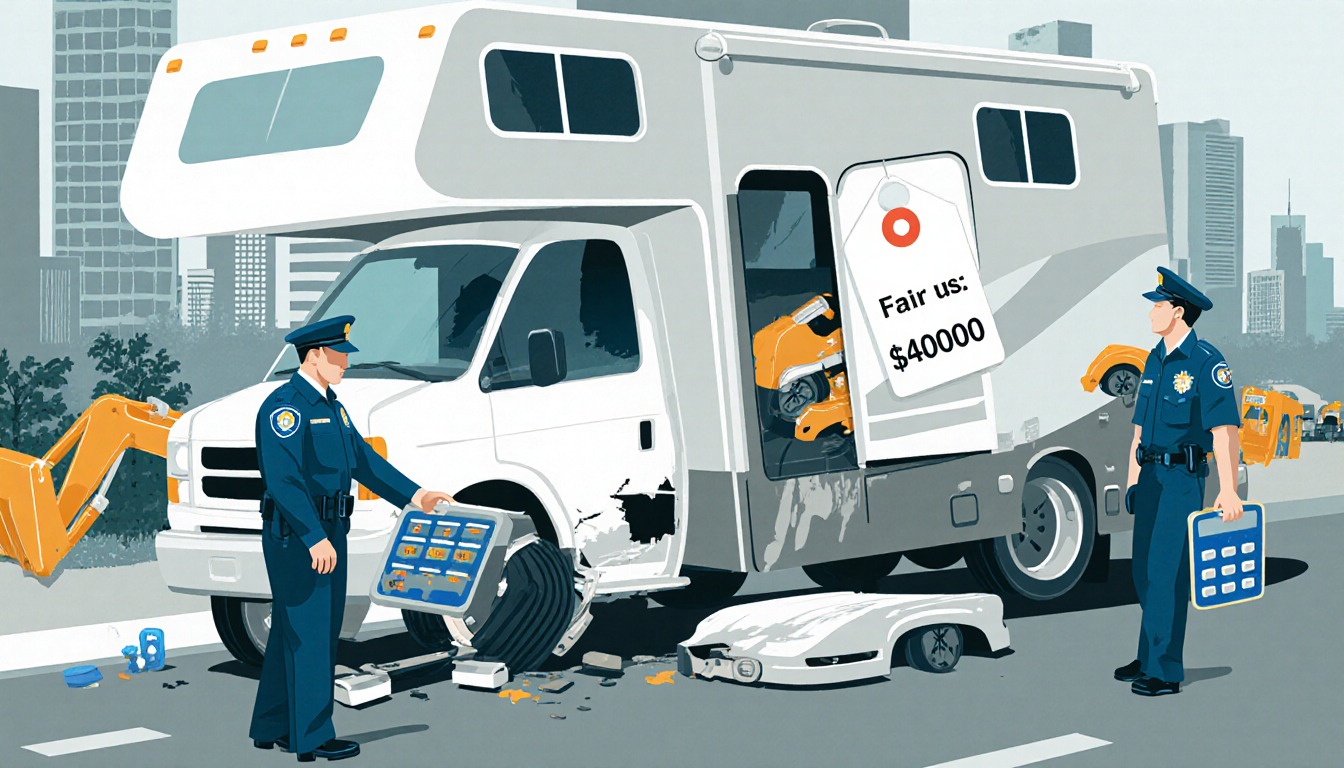 Police officer removing parts from an abandoned RV with a price tag showing the $4,000 threshold and Los Angeles skyline in m