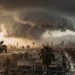 Storm clouds swirl above Los Angeles skyline with palm trees swaying in Santa Ana winds and rain pouring over streets