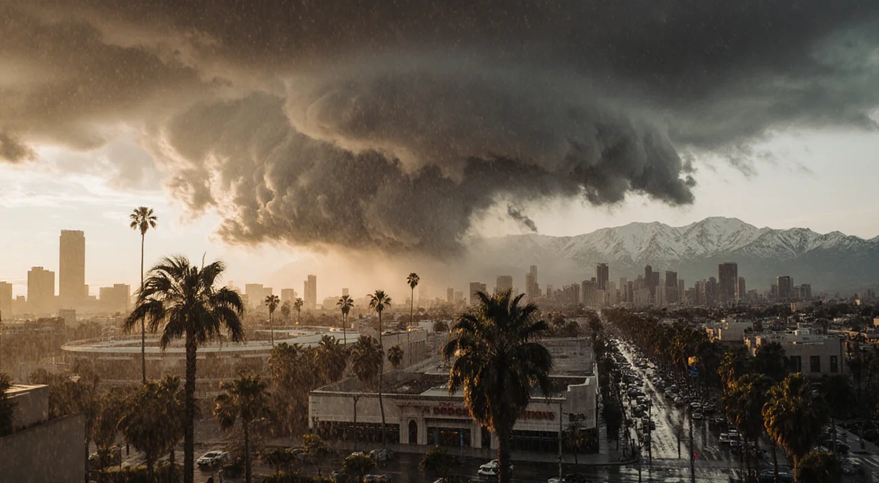 Storm clouds swirl above Los Angeles skyline with palm trees swaying in Santa Ana winds and rain pouring over streets