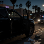 Black SUV sits parked with LAPD cruiser beside it and streetlight glow reflecting on tinted windows.