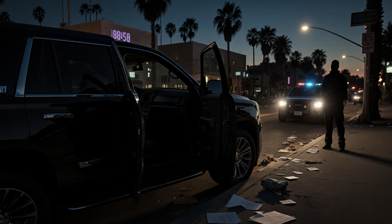 Black SUV sits parked with LAPD cruiser beside it and streetlight glow reflecting on tinted windows.