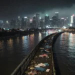 Flooded Venice Beach boardwalk stretches toward camera with debris and beach towels and neon lights reflecting rain city