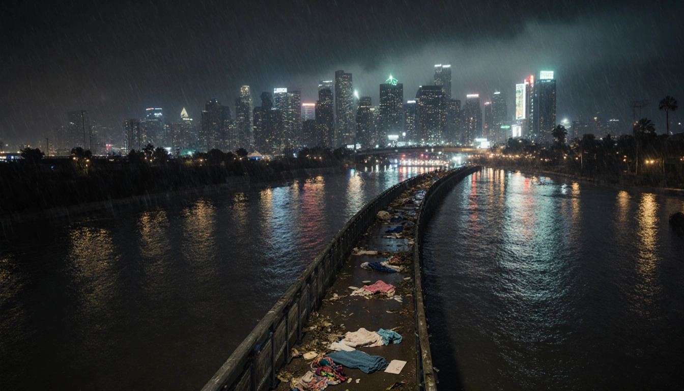Flooded Venice Beach boardwalk stretches toward camera with debris and beach towels and neon lights reflecting rain city