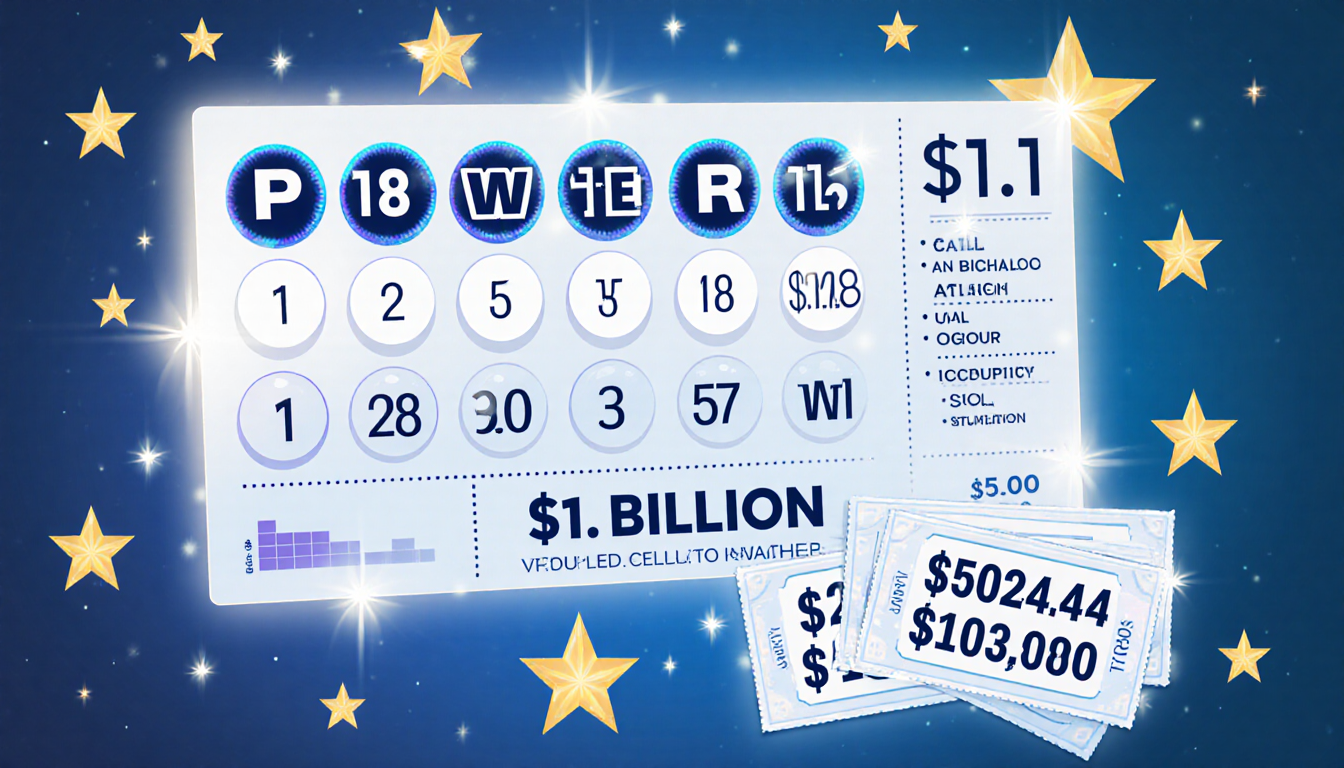 Lottery ticket displaying winning numbers with shimmering stars and a $1.1 billion jackpot estimate in the background