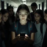 Teen girl stands alone in dim hallway looking at camera with slumped backpack behind her and phone glow on face