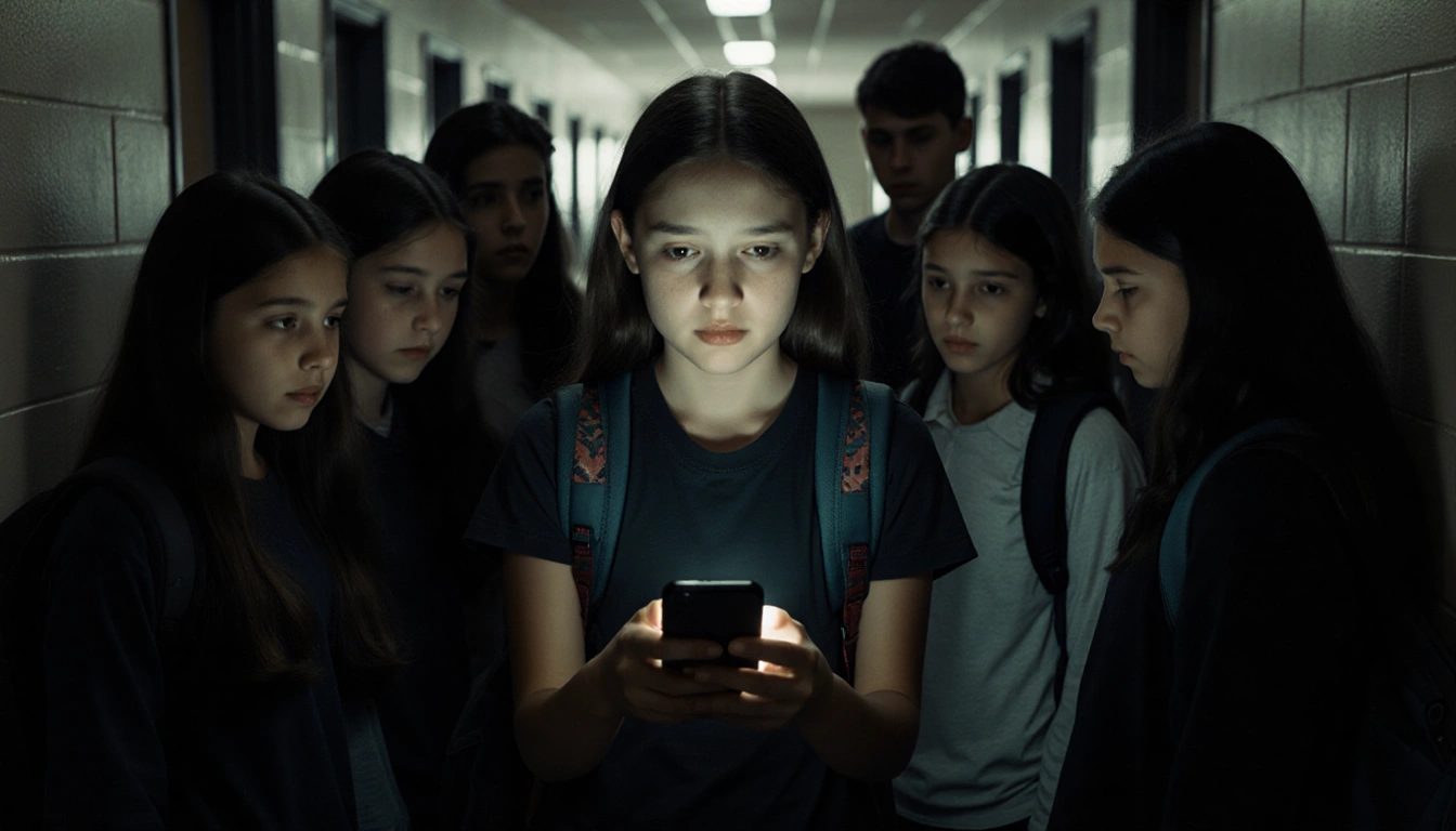 Teen girl stands alone in dim hallway looking at camera with slumped backpack behind her and phone glow on face