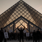Protesters gathering at Louvre glass pyramid with picket signs and golden light filtering through glass.