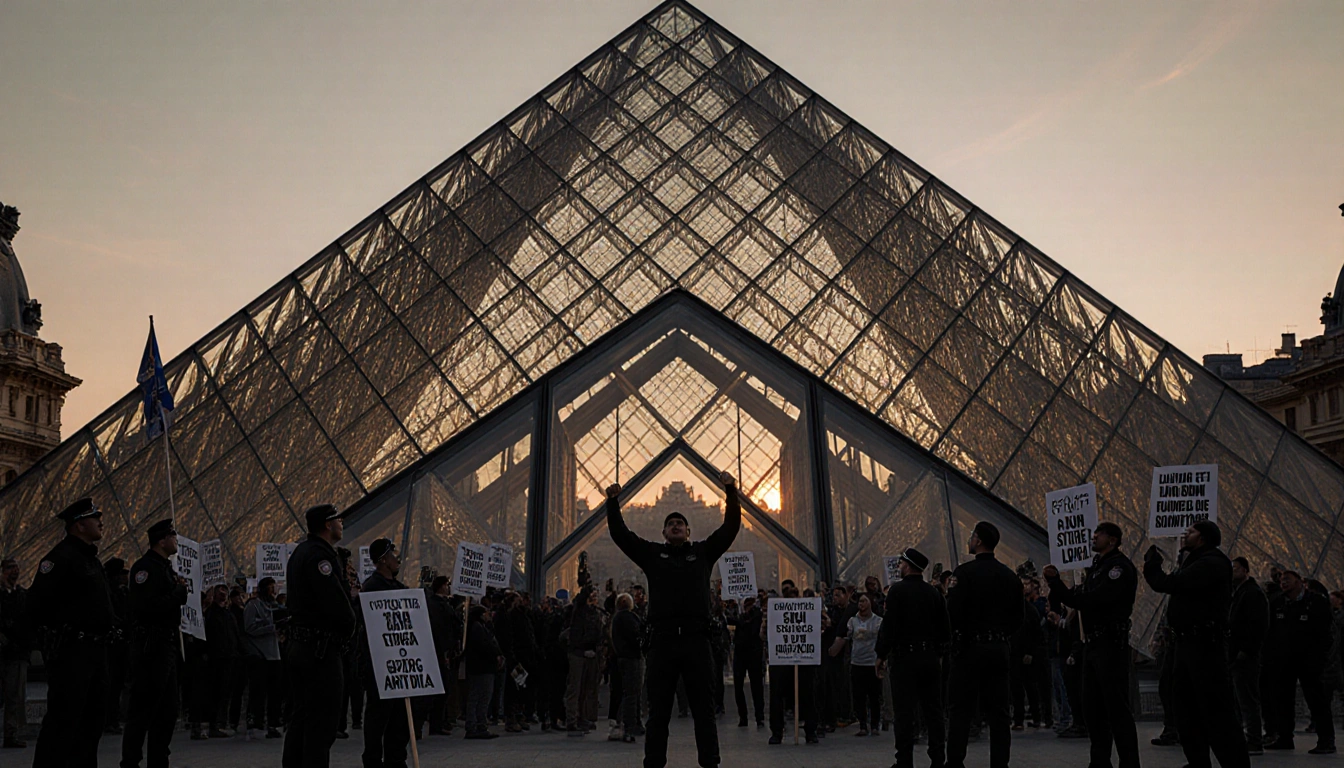 Protesters gathering at Louvre glass pyramid with picket signs and golden light filtering through glass.