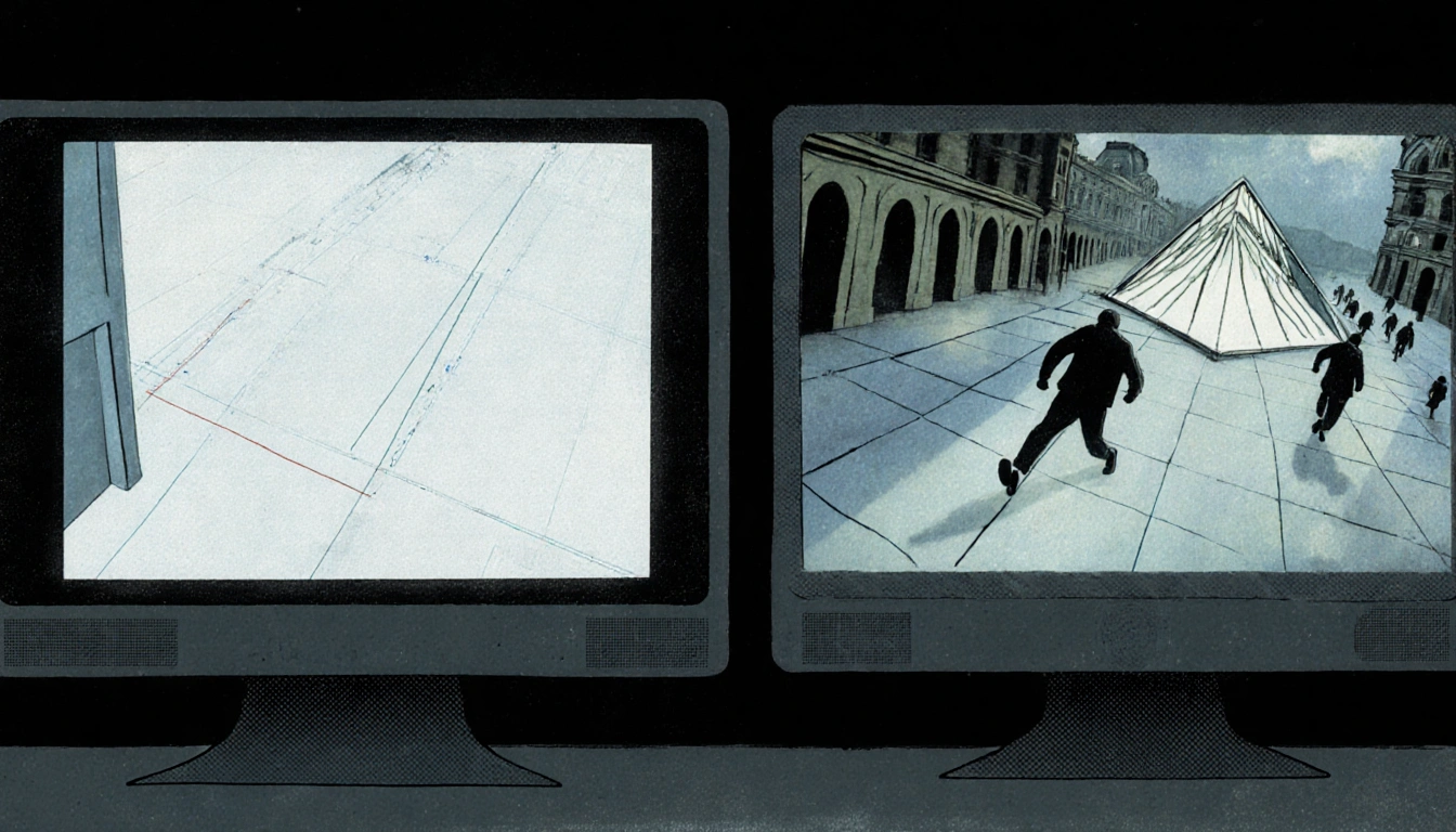 Thieves sprinting Louvre corridor heist with lines and shadows while security monitors show static black and blurred video