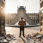 Museum worker holding picket sign with golden morning light and abandoned visitor badges near closed Louvre entrance