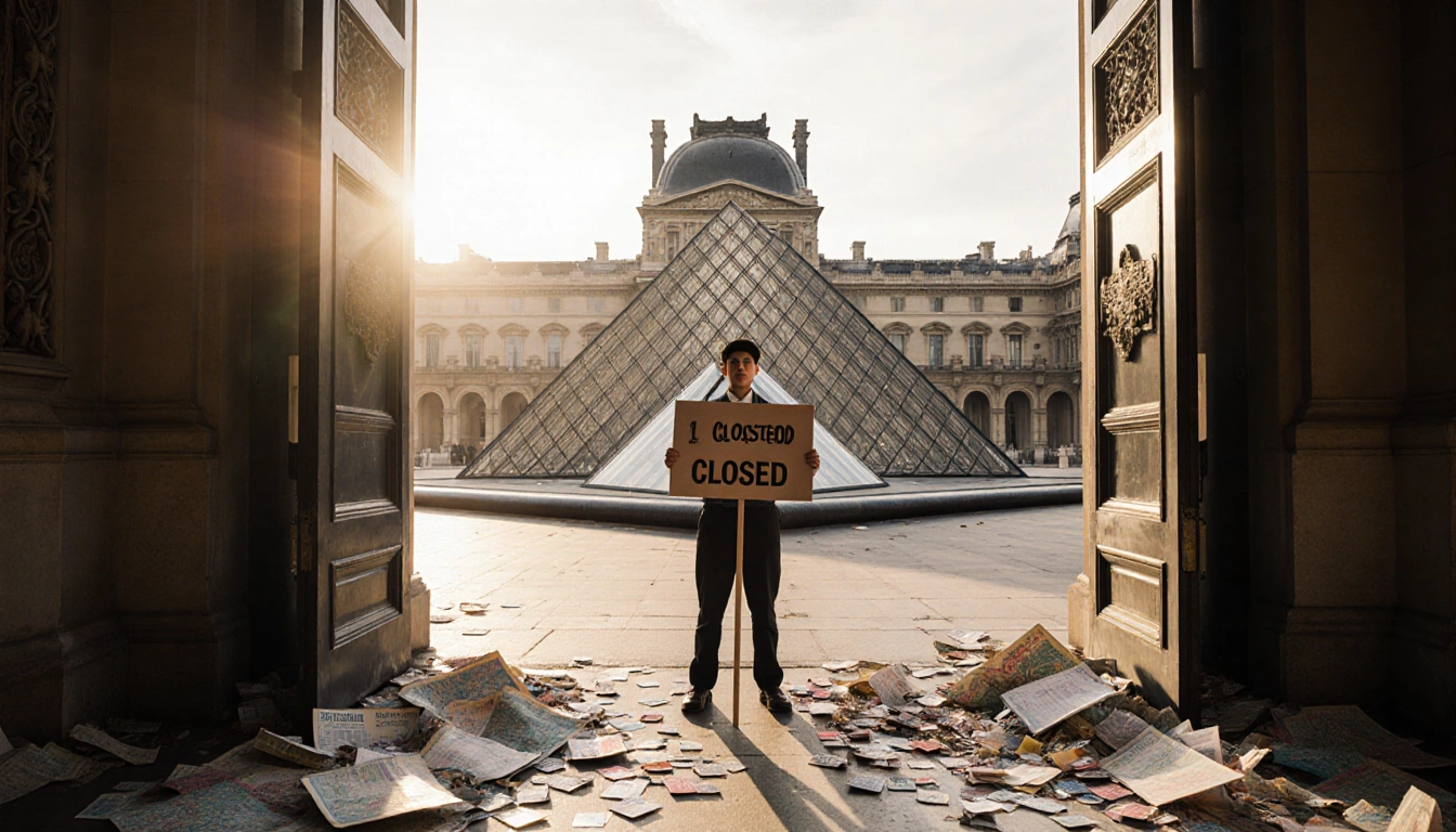 Museum worker holding picket sign with golden morning light and abandoned visitor badges near closed Louvre entrance