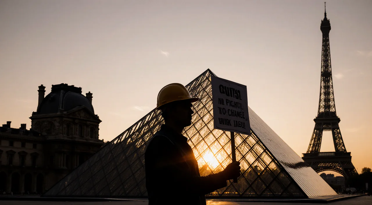 Worker holding a picket sign with glass pyramid and Eiffel Tower in dusk background