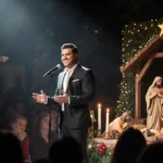 Luis Fonsi narrating the Christmas story with a candlelit nativity scene and warm spotlight at EPCOT.