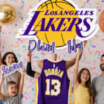 Families proudly holding Luka signs at a baby shower with Lakers purple and gold decorations and a large jersey backdrop