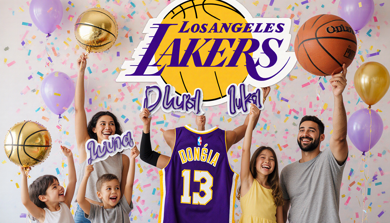 Families proudly holding Luka signs at a baby shower with Lakers purple and gold decorations and a large jersey backdrop