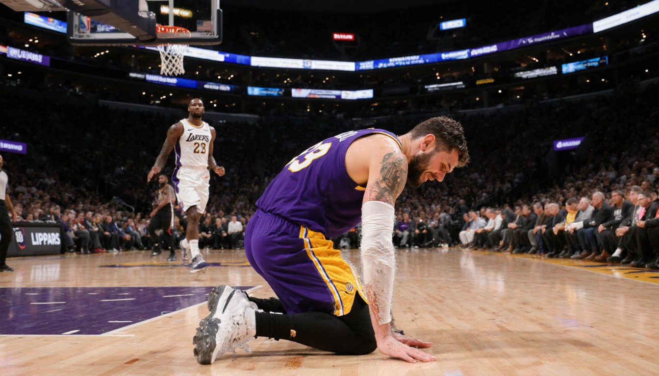 Luka Dončić slumping to the court with his arm wrapped in ice and sweat‑stained jersey as Kawhi Leonard blurs behind.