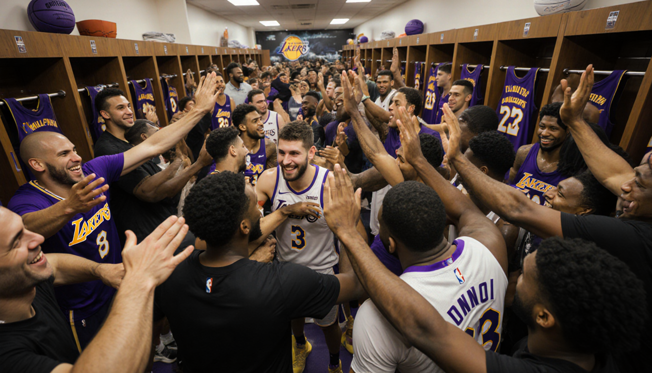 Luka Dončić rejoining teammates with hugs and high-fives in a lively locker room with Philadelphia backdrop