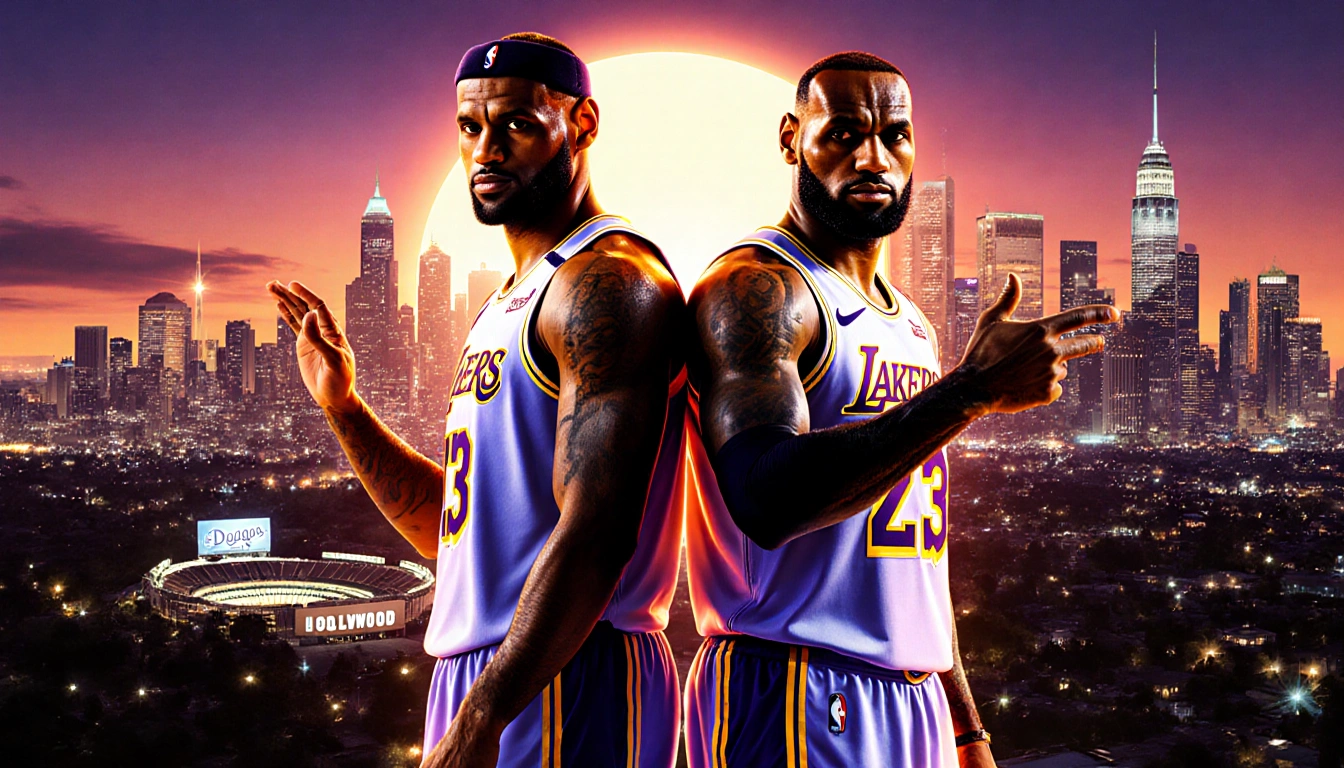 Luka Dončić and LeBron James stand and gesture neon over a skyline featuring the Hollywood Sign.