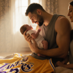 Luka Dončić cradles newborn Olivia with love while his wife watches and his worn Lakers jersey lies nearby