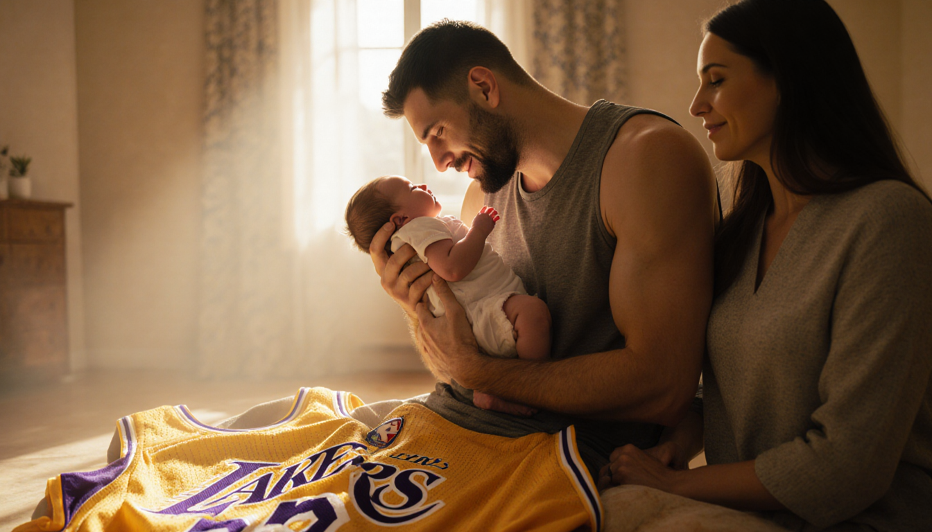 Luka Dončić cradles newborn Olivia with love while his wife watches and his worn Lakers jersey lies nearby