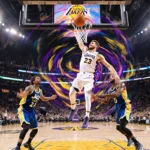 Luka Dončić dunks midair with a vortex of Lakers gold purple and blue swirling around him and lights shining down