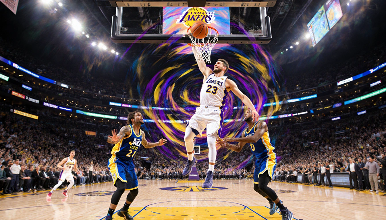 Luka Dončić dunks midair with a vortex of Lakers gold purple and blue swirling around him and lights shining down