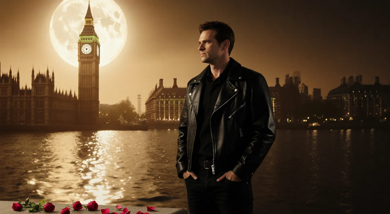 Luke Spencer standing on Port Charles waterfront with rose petals and reflected General Hospital clock tower.