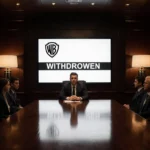 Executives debating with screen showing Withdrawn banner and Jared Kushner logo warm floor lamps