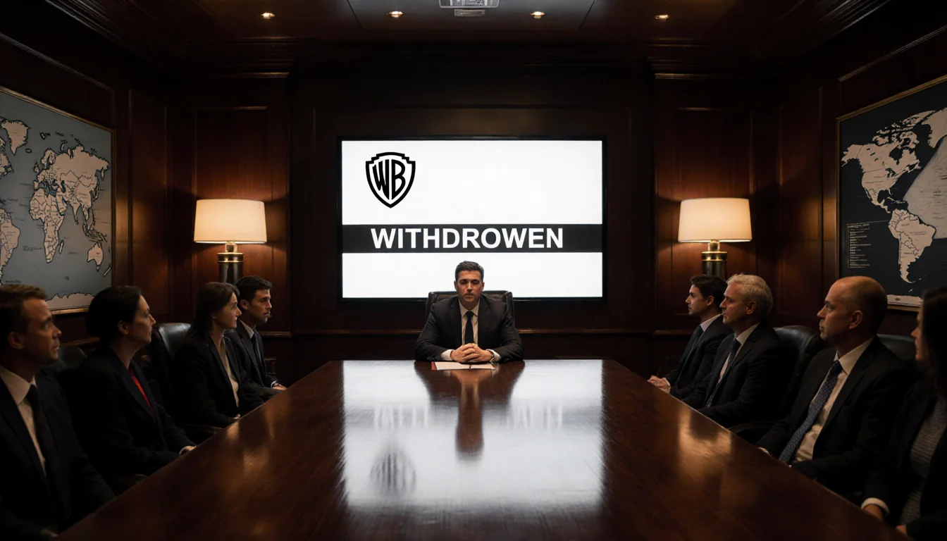 Executives debating with screen showing Withdrawn banner and Jared Kushner logo warm floor lamps