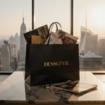 Designer bag overflowing with luxury items on marble table with cityscape at dusk.