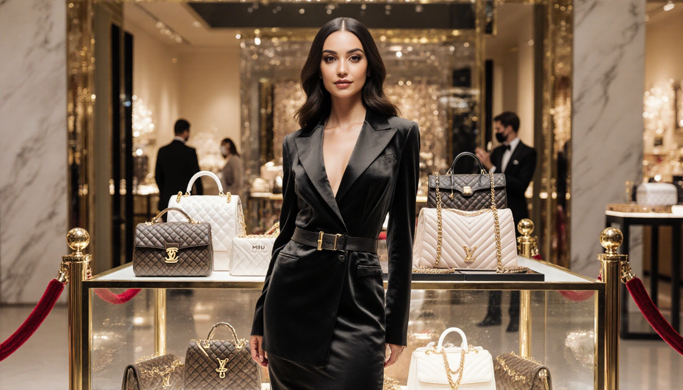 Mikayla Nogueira proudly standing with a case overflowing with Louis Vuitton and Chanel bags in a blurred luxury backdrop