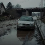 Car standing amid rain-soaked mud and swollen creek water with storm damage and flooding by destroyed bridge.