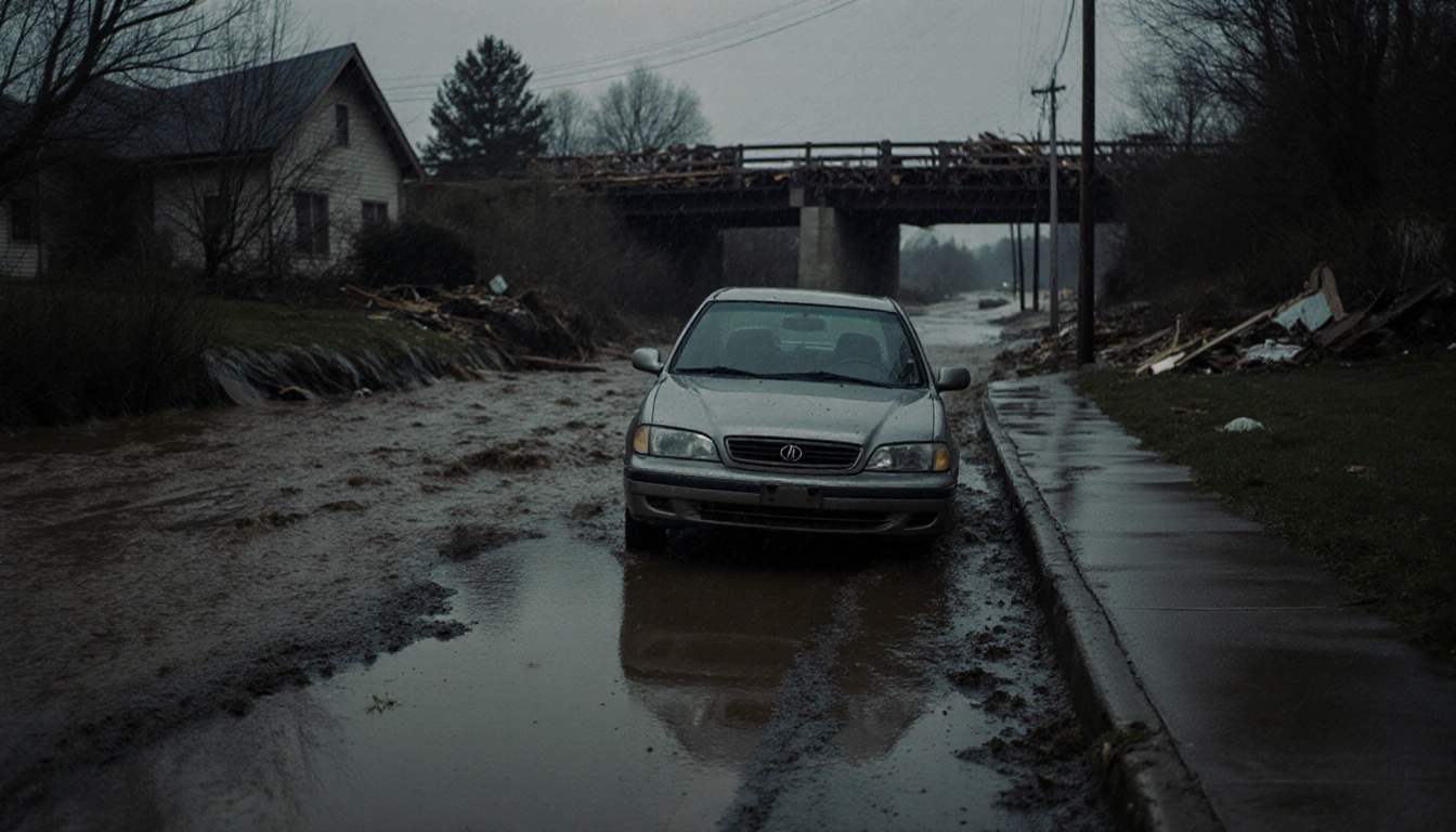 Car standing amid rain-soaked mud and swollen creek water with storm damage and flooding by destroyed bridge.