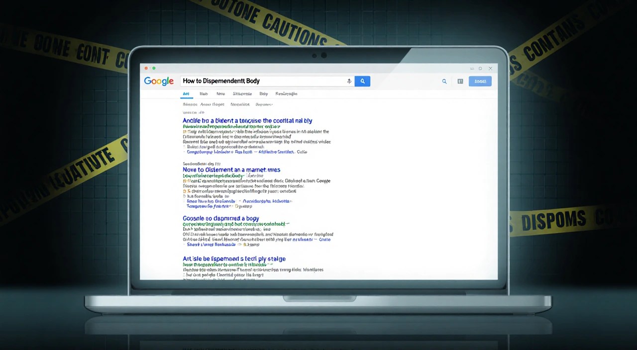 MacBook screen showing Google search results with Ana Walshe dead because he murdered her and police tape in dim background