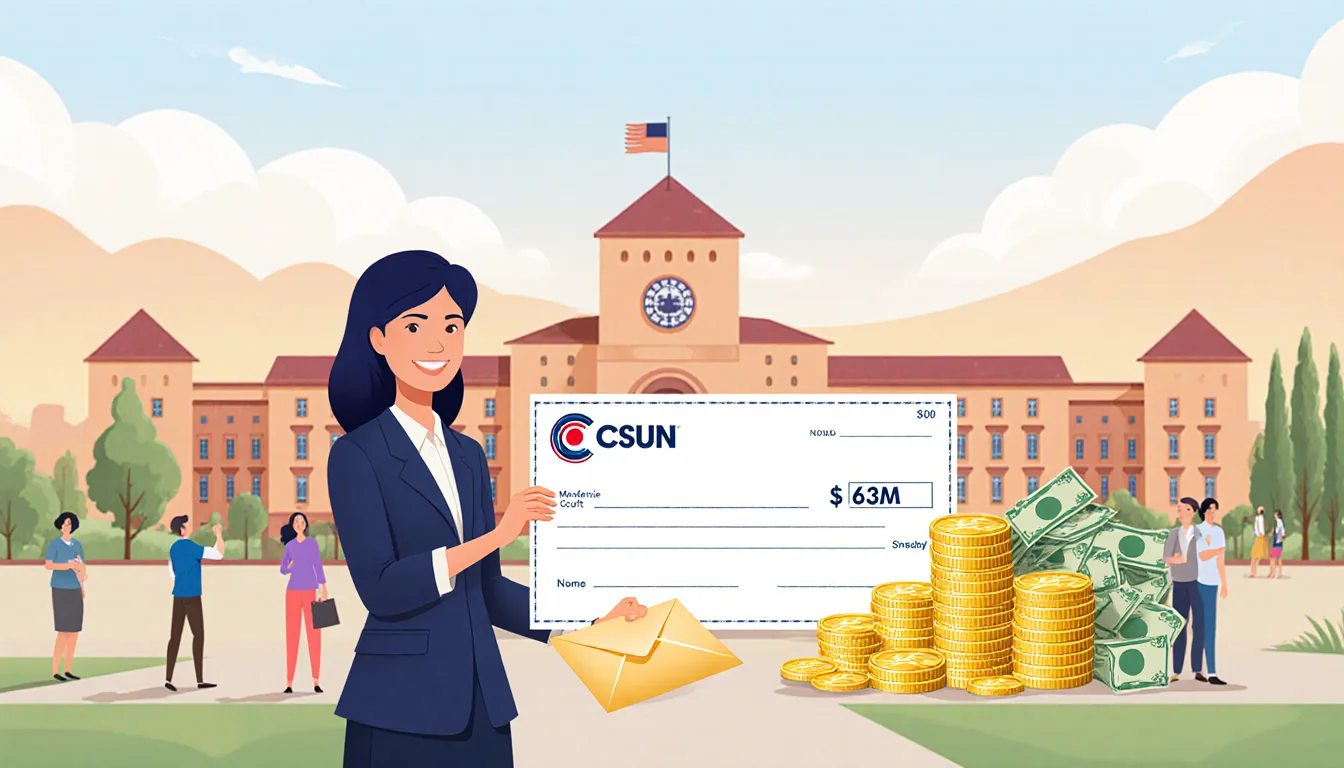 MacKenzie Scott standing with a large donation envelope and overflowing cash stacks at CSUN campus