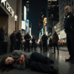 Woman lying clutching chest with blood from sleeve and EMTs rushing toward her near security guards Macy