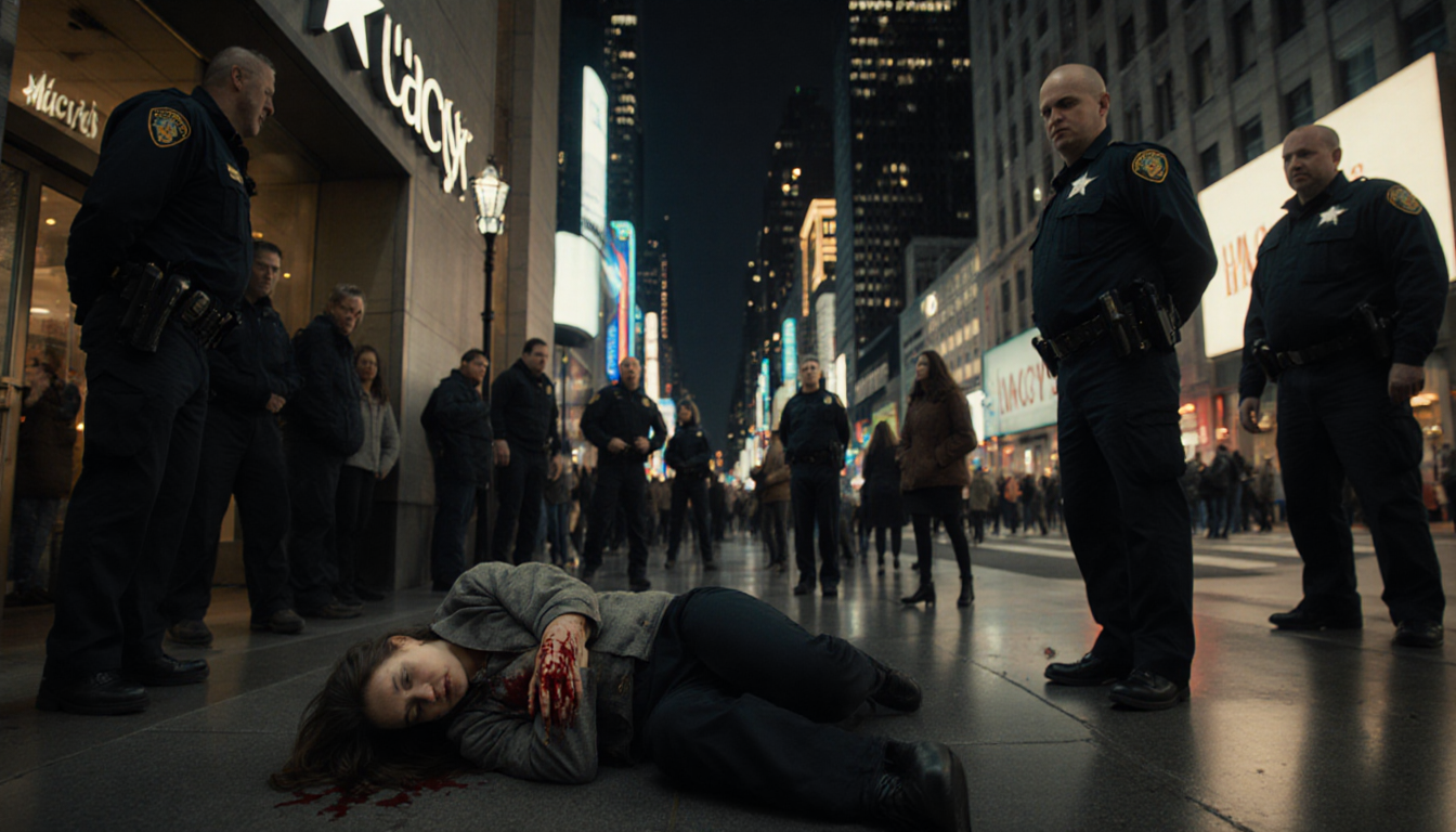 Woman lying clutching chest with blood from sleeve and EMTs rushing toward her near security guards Macy