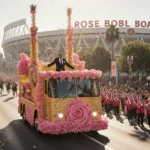 Magic Johnson stands atop rose‑petal pink Rose Parade float with golden light and cheering teams near stadium