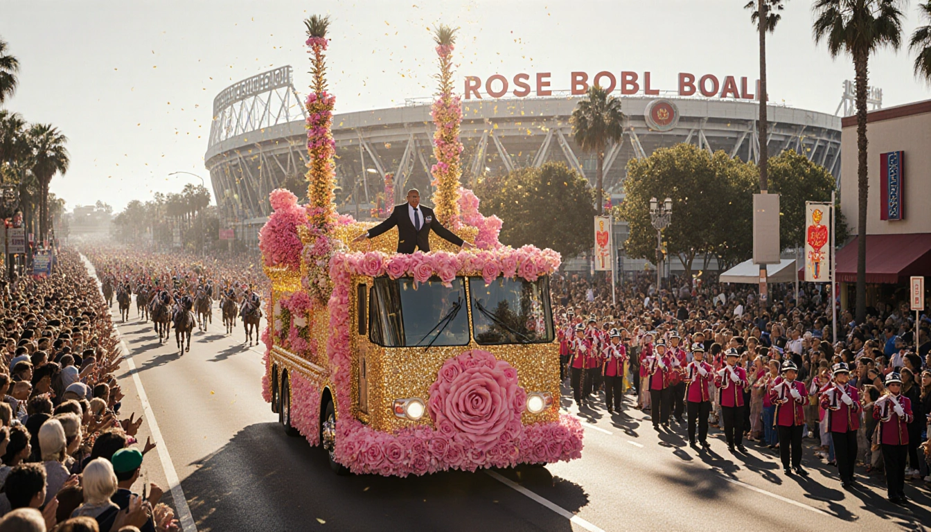 Magic Johnson stands atop rose‑petal pink Rose Parade float with golden light and cheering teams near stadium