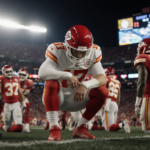 Mahomes sits on sidelines clutching his knee with Chiefs teammates looking worried by his injury and stadium lights overhead