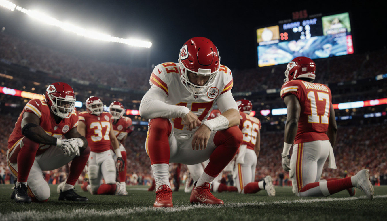 Mahomes sits on sidelines clutching his knee with Chiefs teammates looking worried by his injury and stadium lights overhead