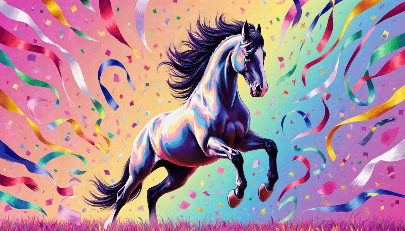 Majestic horse dancing with ribbons and streamers against a vibrant gradient background