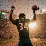 Malachi Toney raises arms in end zone with confetti and Miami Hurricanes logo behind crowd cheering under sunset sky