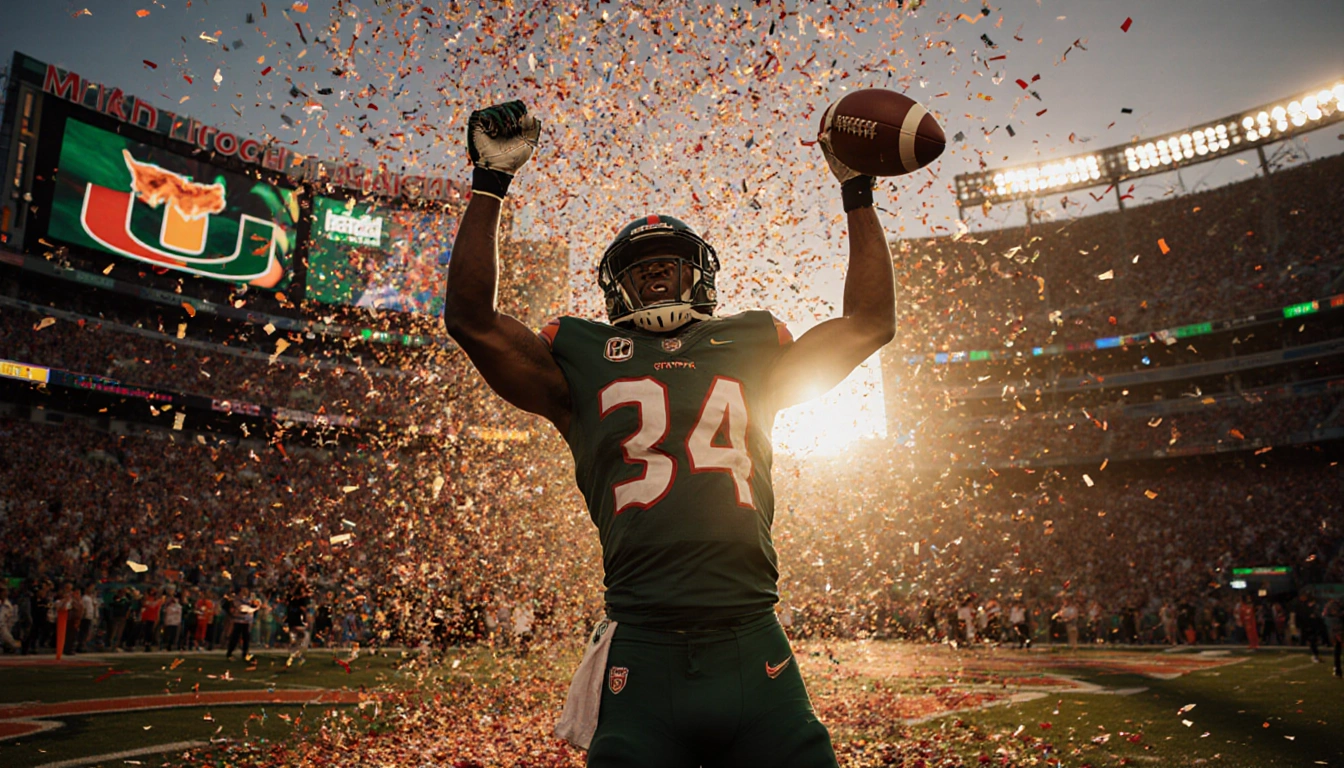 Malachi Toney raises arms in end zone with confetti and Miami Hurricanes logo behind crowd cheering under sunset sky