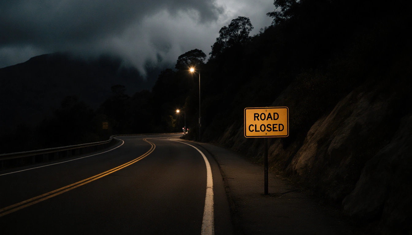 Road sign indicating closure on winding mountain road with dim streetlights and stormy sky behind.
