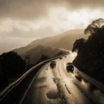 Cars halted on wet Malibu road with misty rain flooded drains and faint ocean glow.