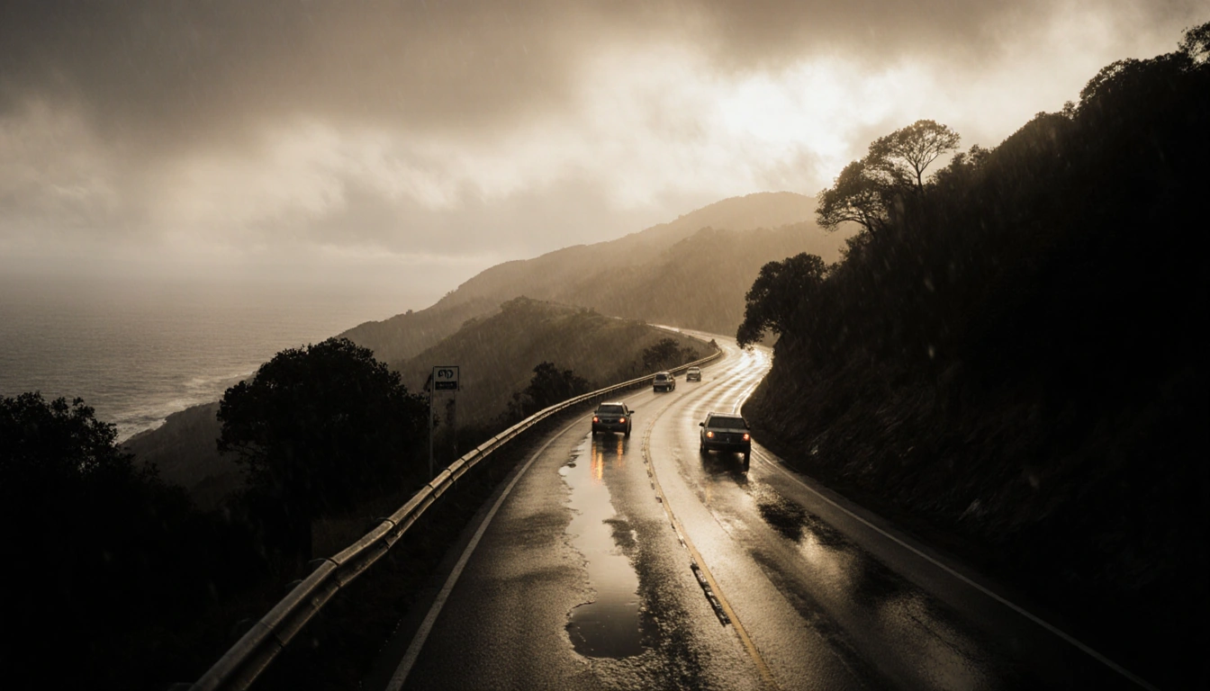 Cars halted on wet Malibu road with misty rain flooded drains and faint ocean glow.