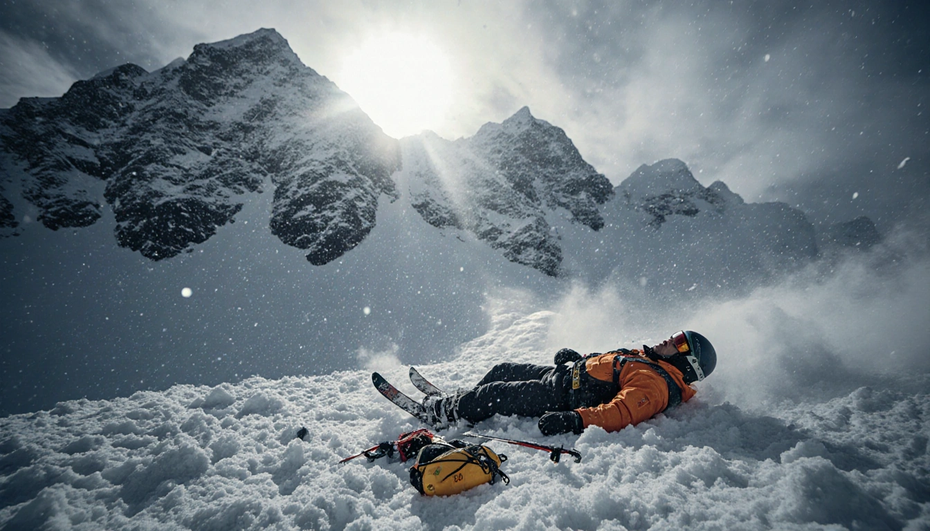 Ski patroller lying motionless on avalanche debris with Mammoth Mountain peaks and wet snow and falling snowflakes.